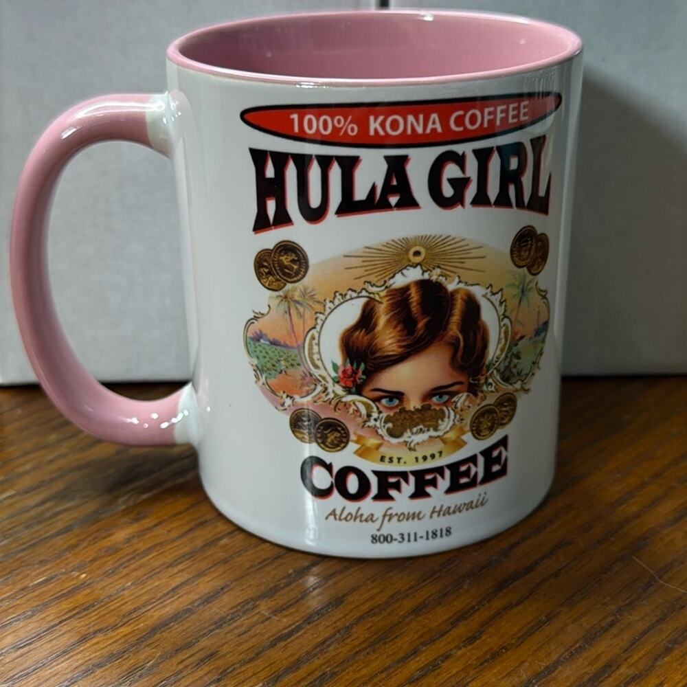 NWT Hula Girl Coffee Hawaii White Pink Coffee Mug 11 Ounces